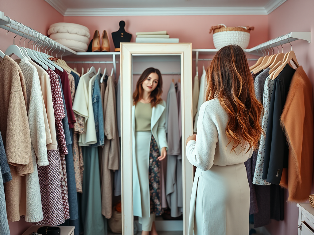 Een vrouw kijkt in de spiegel van een kleedkamer vol met kleding aan een roze muur.