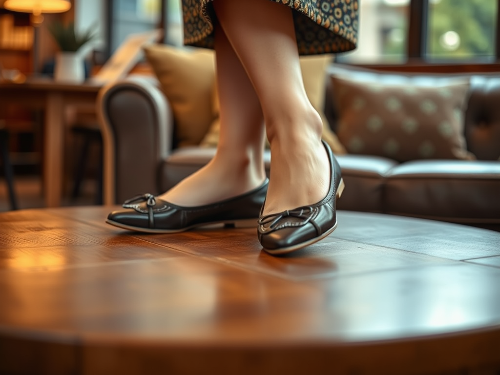 Een paar stijlvolle zwarte ballerina's staan op een houten tafel in een stijlvolle, gezellige ruimte.