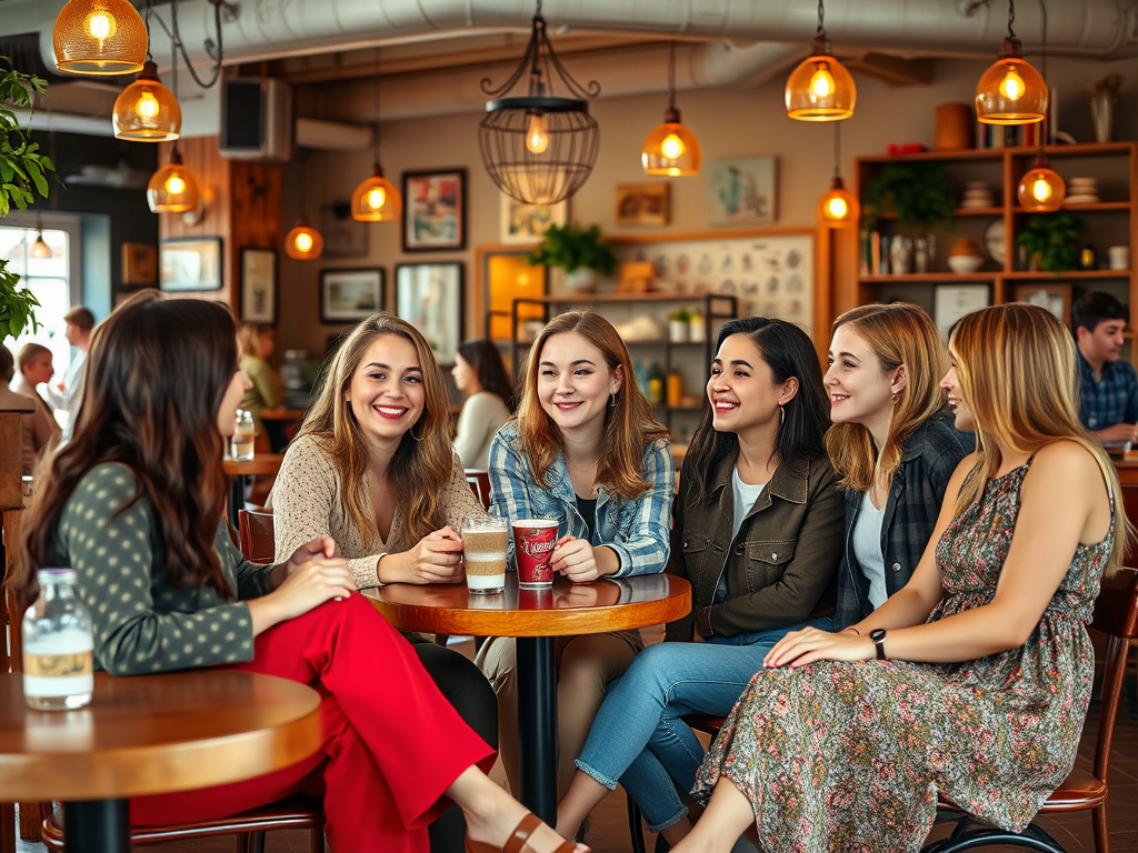 Vijf jonge vrouwen zorgen voor een gezellige sfeer in een café, met koffie en lachende gezichten.