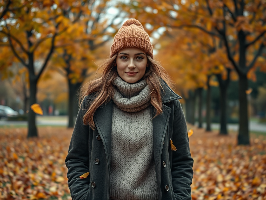 Een vrouw in een groene jas en een oranje muts staat tussen herfstbladeren in een park. Achtergrond met bomen.