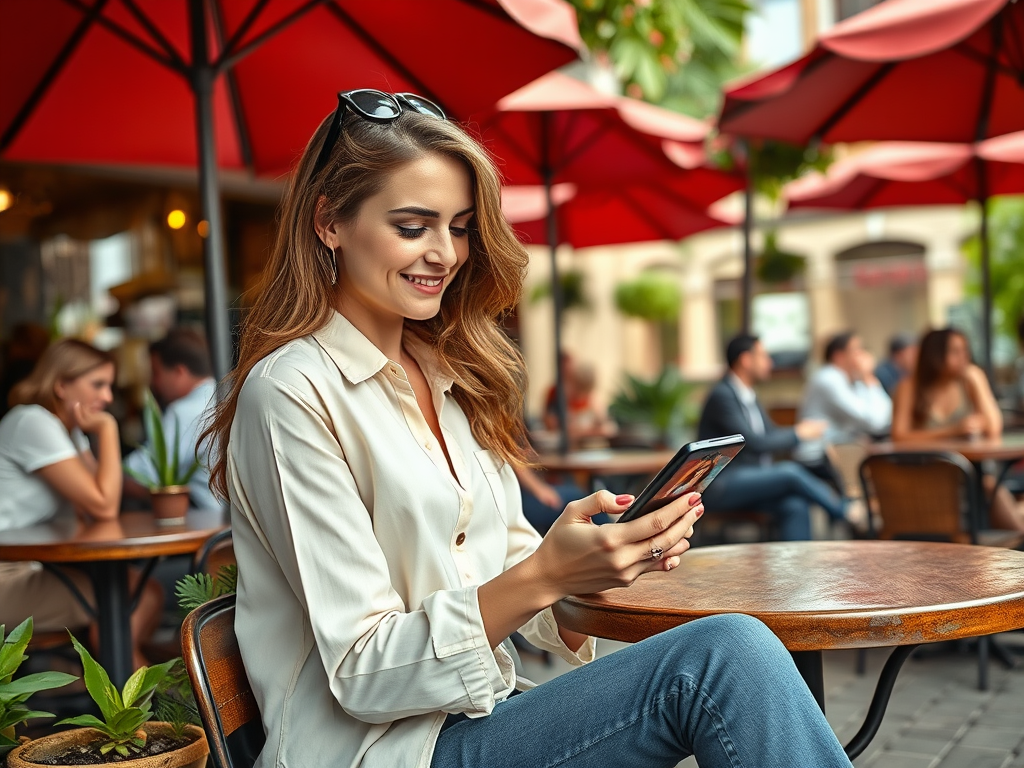 Een vrouw in een café kijkt glimlachend op haar smartphone, omringd door mensen en parasols.