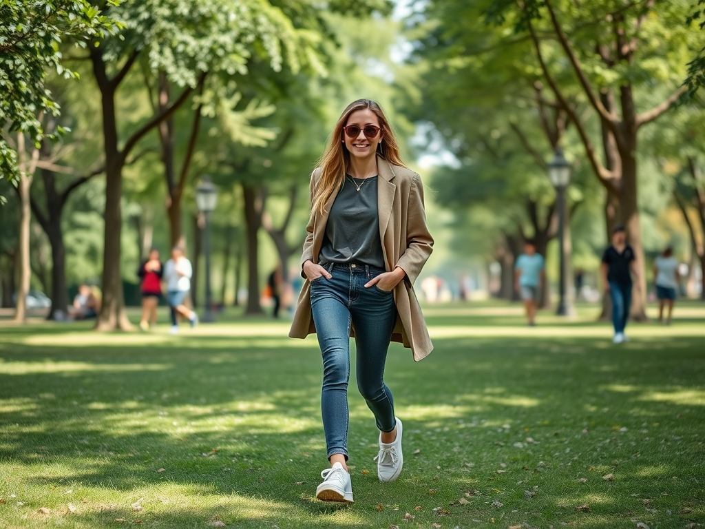 Een vrouw met een beige jas en zonnebril wandelt door een park omringd door bomen en andere mensen.