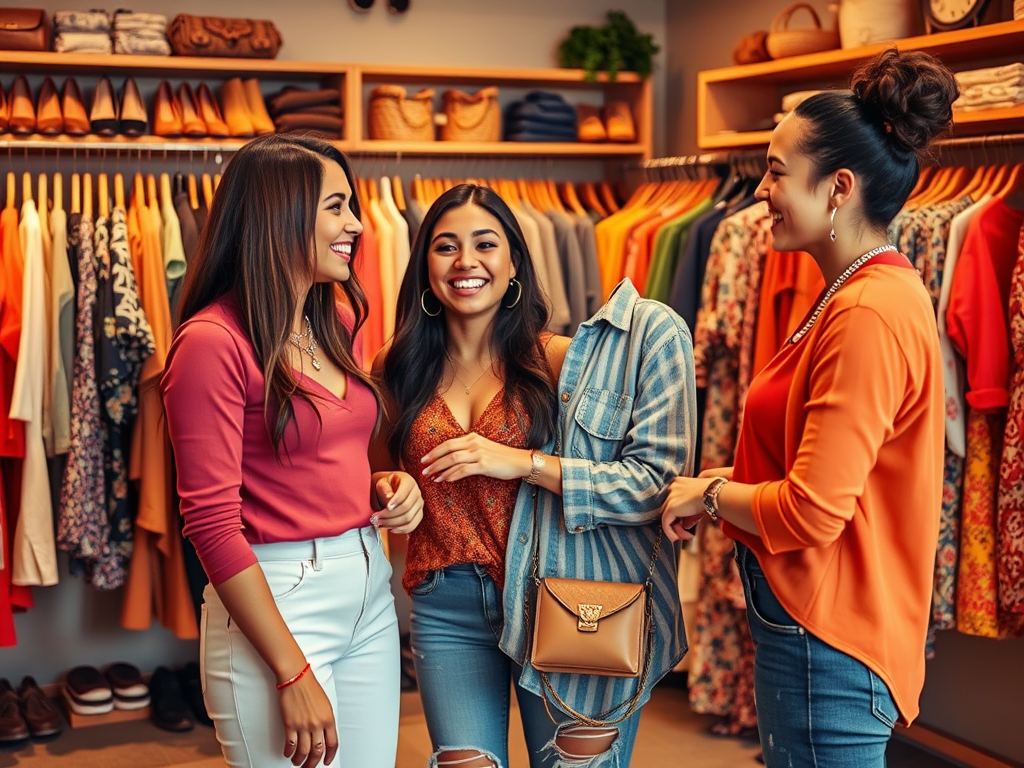 Drie vrouwen lachen en chatten in een kleurrijke kledingwinkel, omringd door outfits en accessoires.