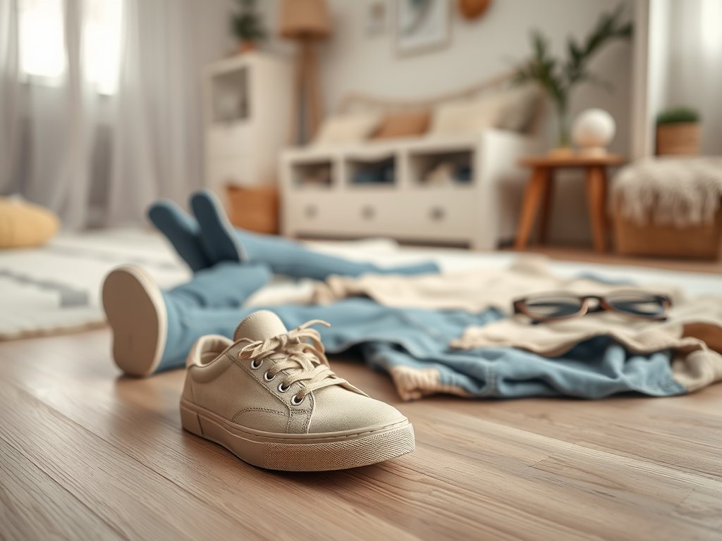 Een sneaker ligt op de vloer naast losse kleding en een paar zonnebrillen in een gezellige kamer.