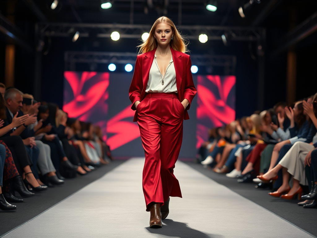 Een model in een stijlvolle rode outfit loopt over de catwalk, terwijl het publiek enthousiast applaudisseert.