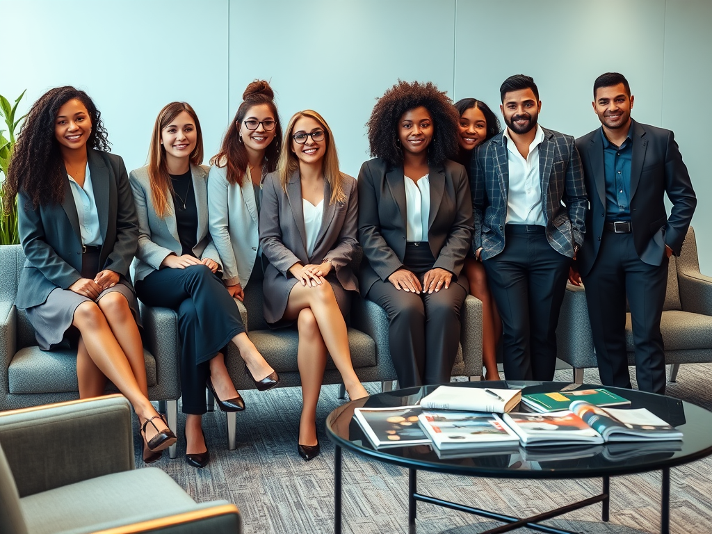 Een groep van negen professionals in formele kleding, zittend op banken met tijdschriften op een tafel.