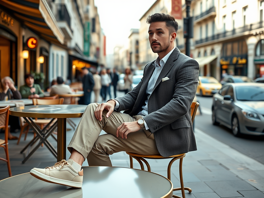 Een man in een grijs pak zit ontspannen aan een tafel op een terras in de stad, omringd door mensen.