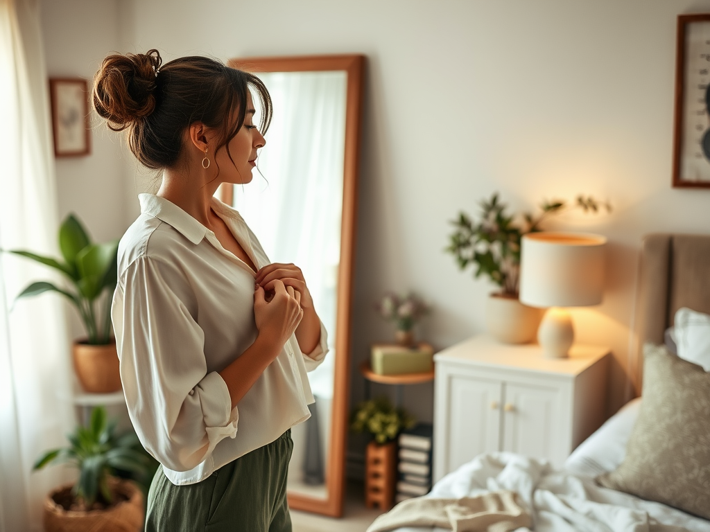 Een vrouw met een elegante uitstraling staat in een sfeervol ingerichte kamer bij een spiegel.