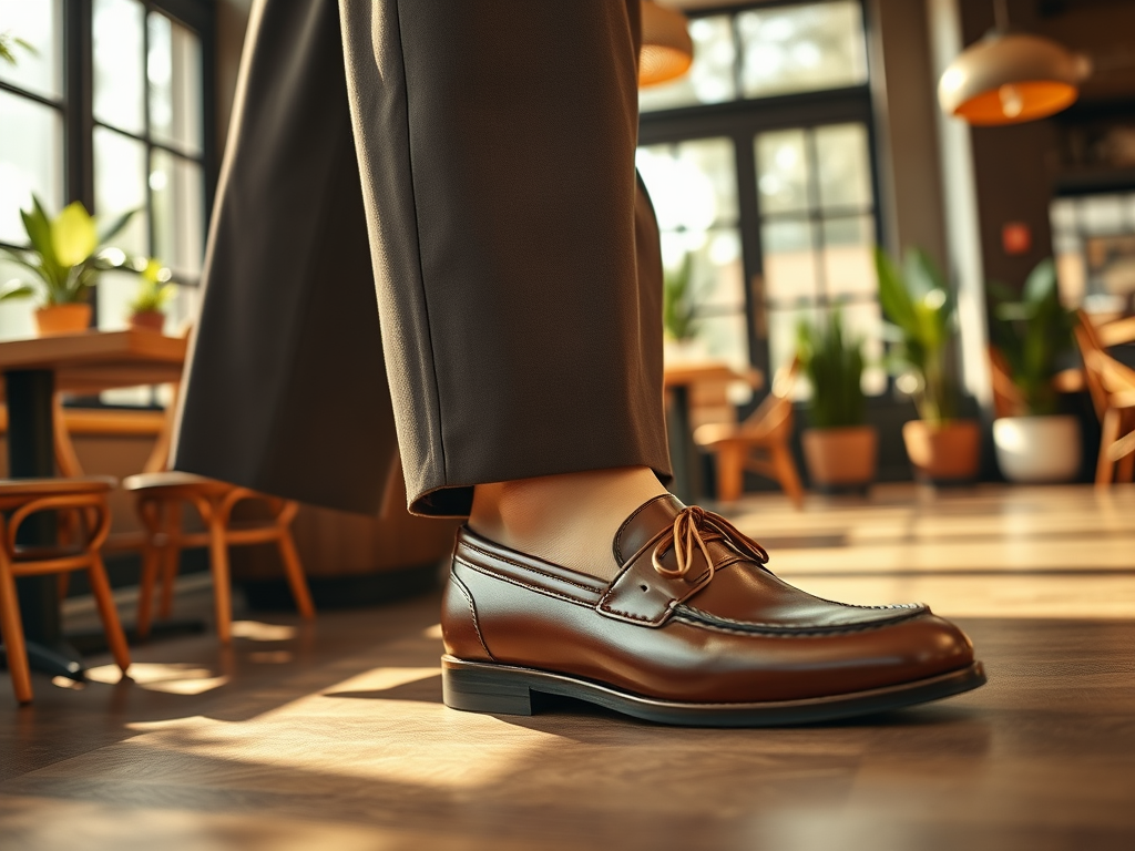 Een elegante bruine schoen met een nette pantalon in een sfeervolle café-omgeving.