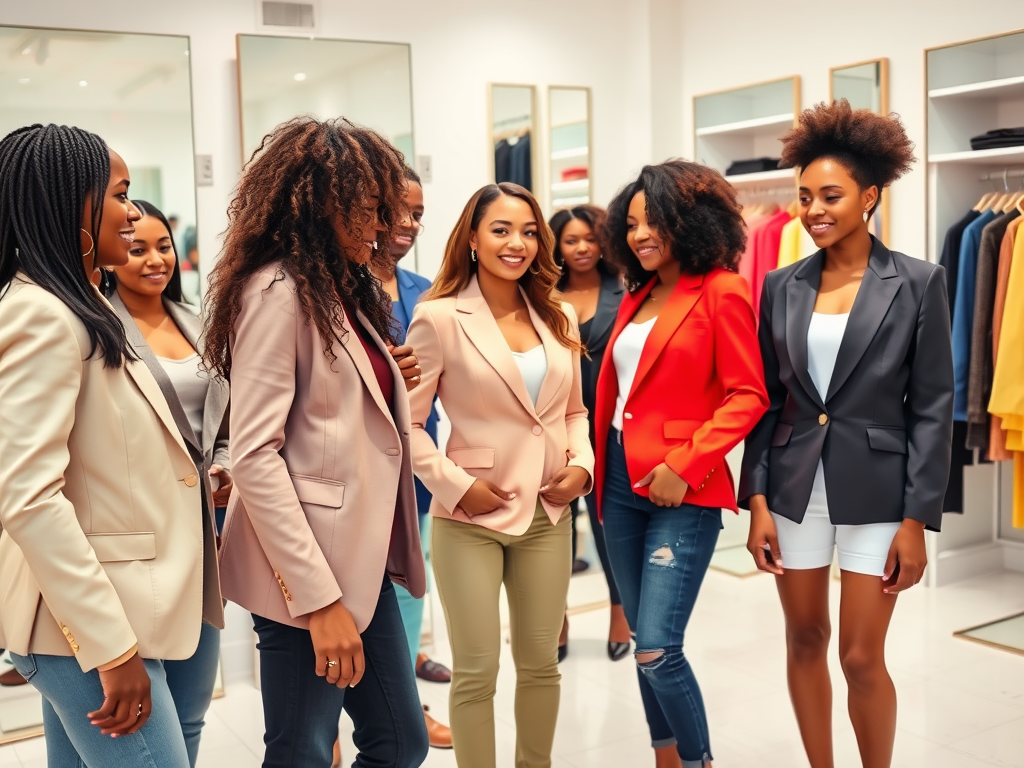 Een groep vrouwen in blazers, lachend en elkaar aankijkend in een modieuze winkel. Spiegels op de achtergrond.