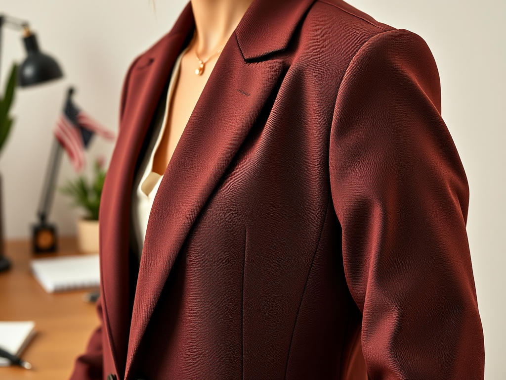 Een close-up van een vrouwelijk figuur in een bordeauxrode blazer, met een kantoorachtergrond.