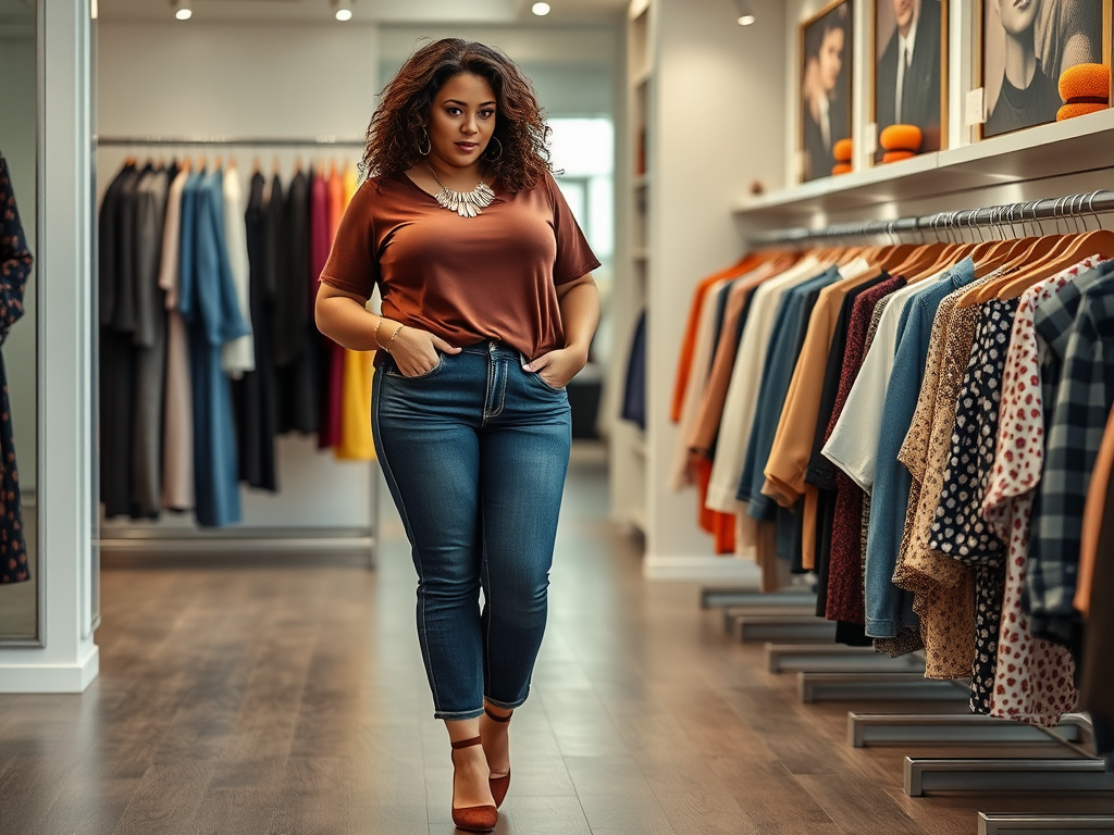 Een vrouw met krullend haar poseert in een modewinkel tussen kleurrijke kledingrekken.