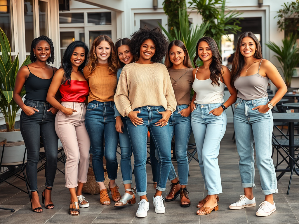 Groep van negen vrouwen in casual kleding, vrolijk poseerend in een moderne, groene omgeving.