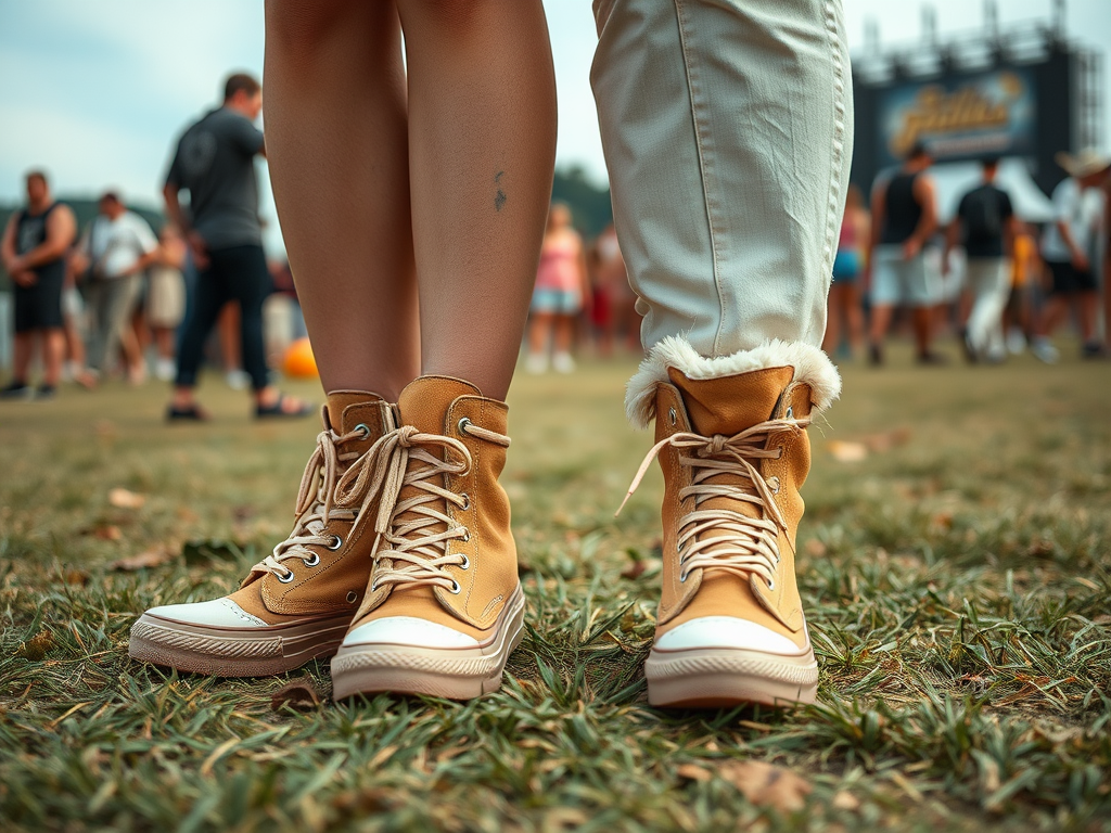 Twee paar schoenen van een lichtgele kleur staan op gras, met mensen op de achtergrond in een festivalsetting.